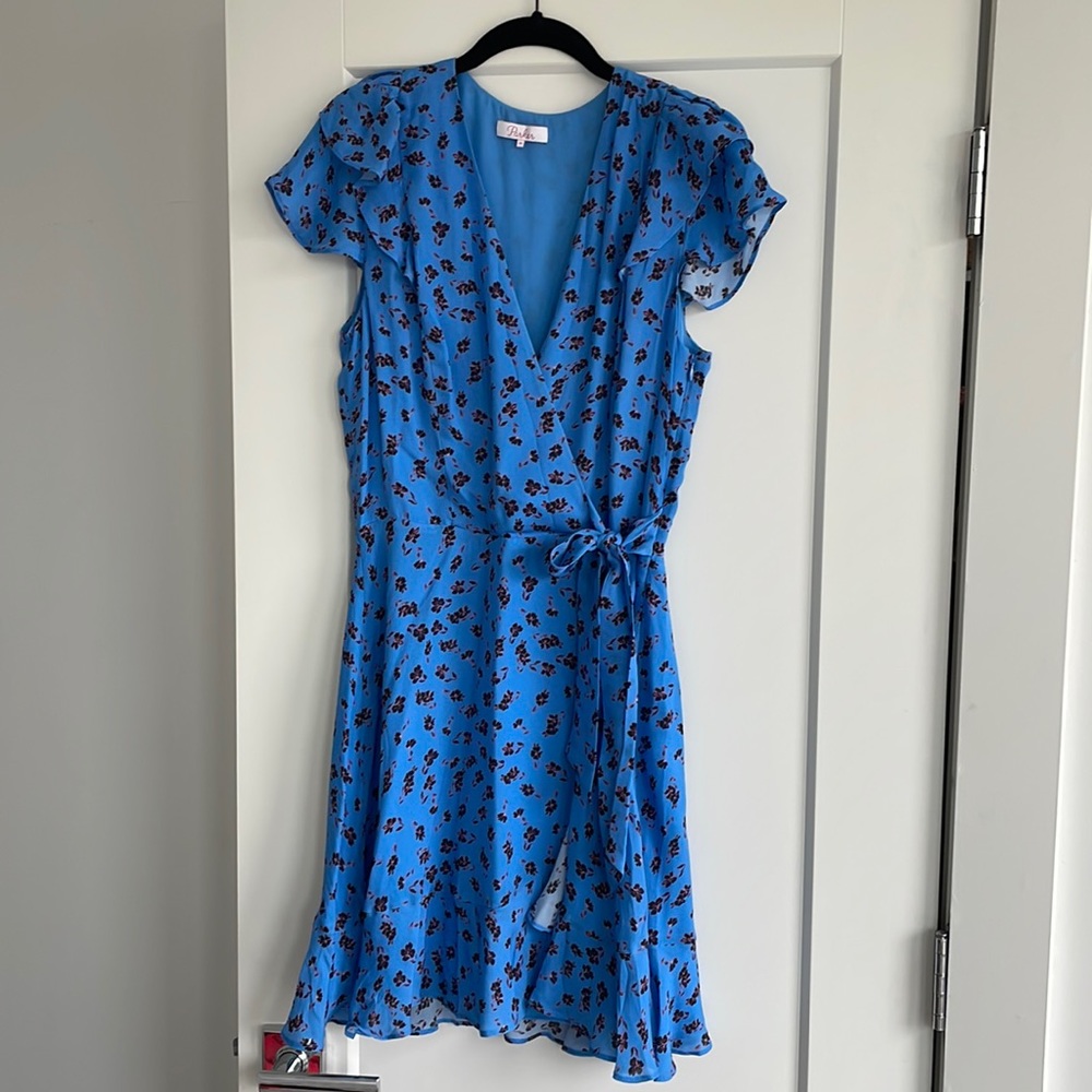 Parker Blue Wrap Short Dress with Sleeves, Size 10
